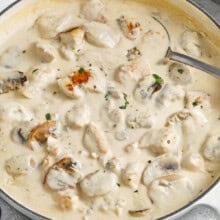 pot of Chicken Stroganoff sauce with a spoon