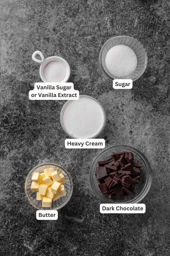 Chocolate babka filling ingredients with text labels overlaying each ingredient.