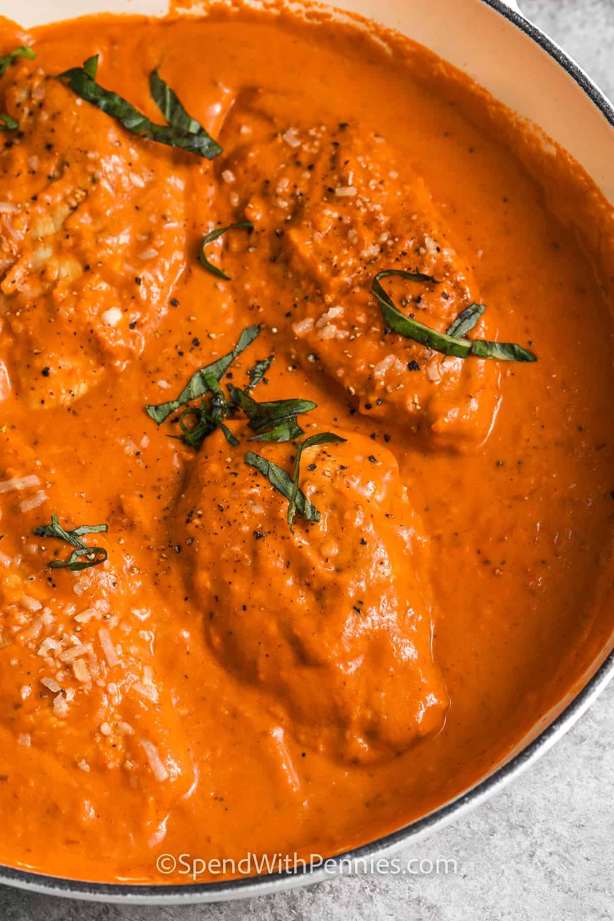 close up of Creamy Tomato Chicken Skillet