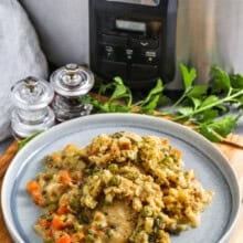 Crockpot Chicken and Stuffing on a plate and in the crockpot