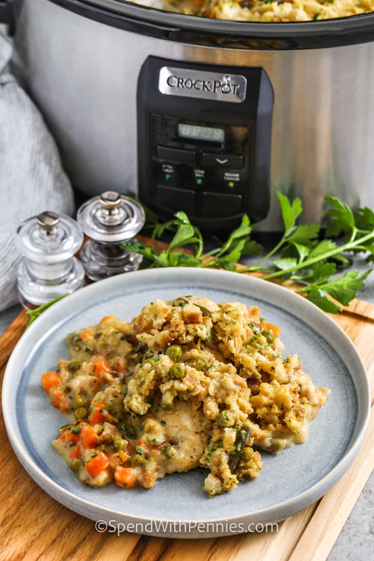 Crockpot Chicken and Stuffing on a plate and in the crockpot