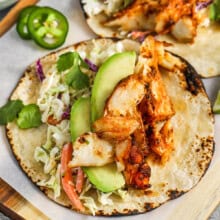 close up of Fish Tacos with avocado and cilantro