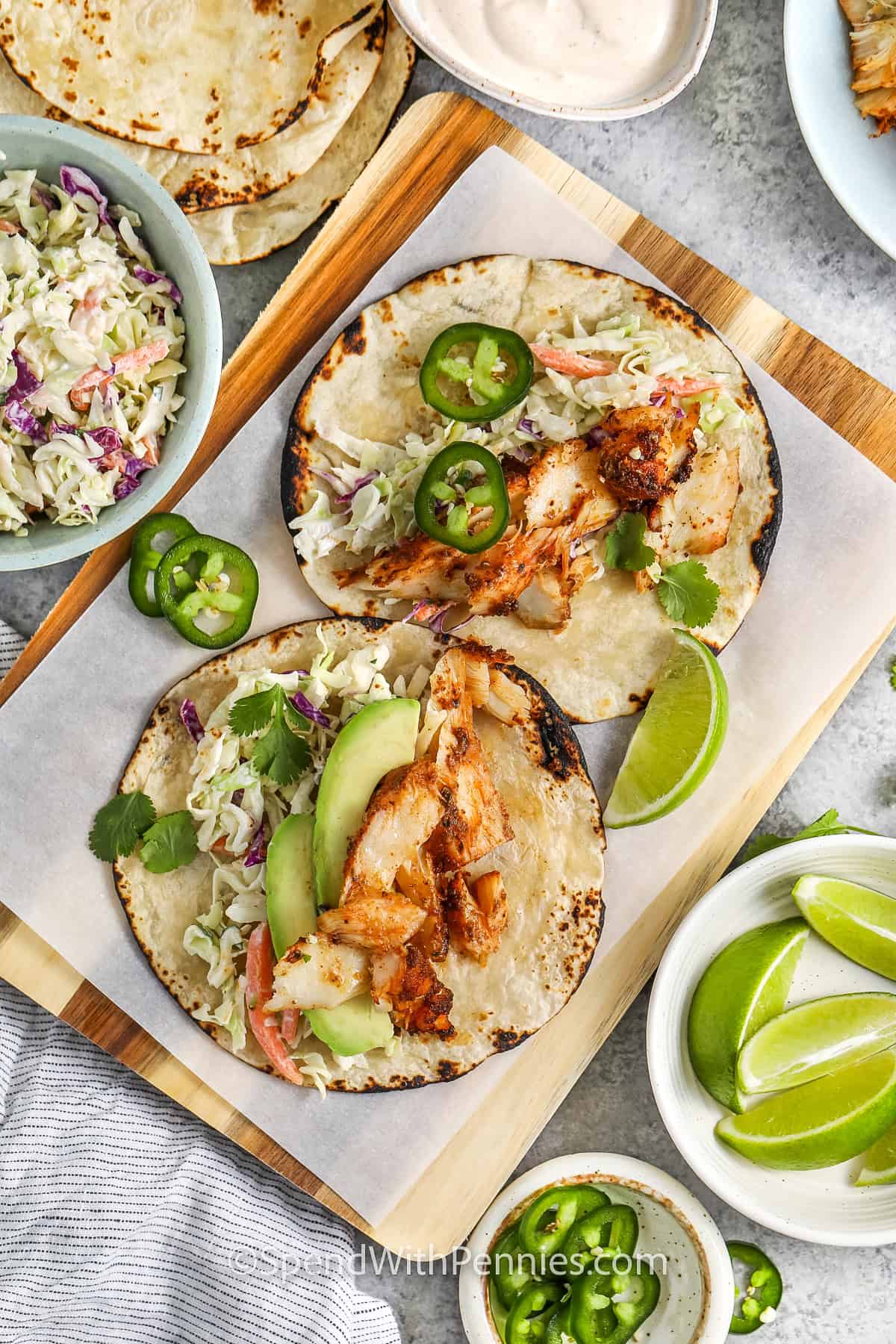 Fish Tacos on a wooden board