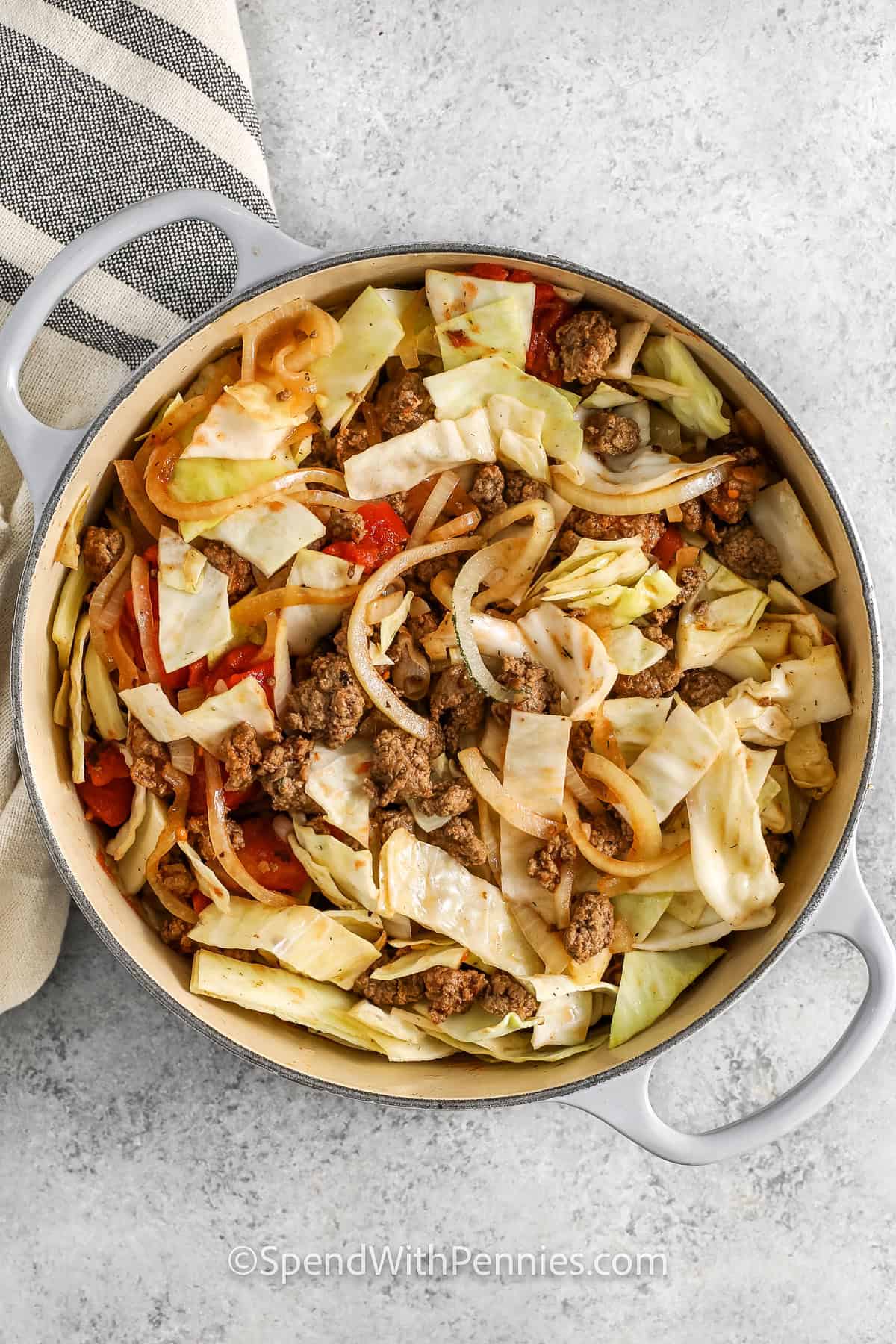 overhead view of ground beef and cabbage in a dutch oven