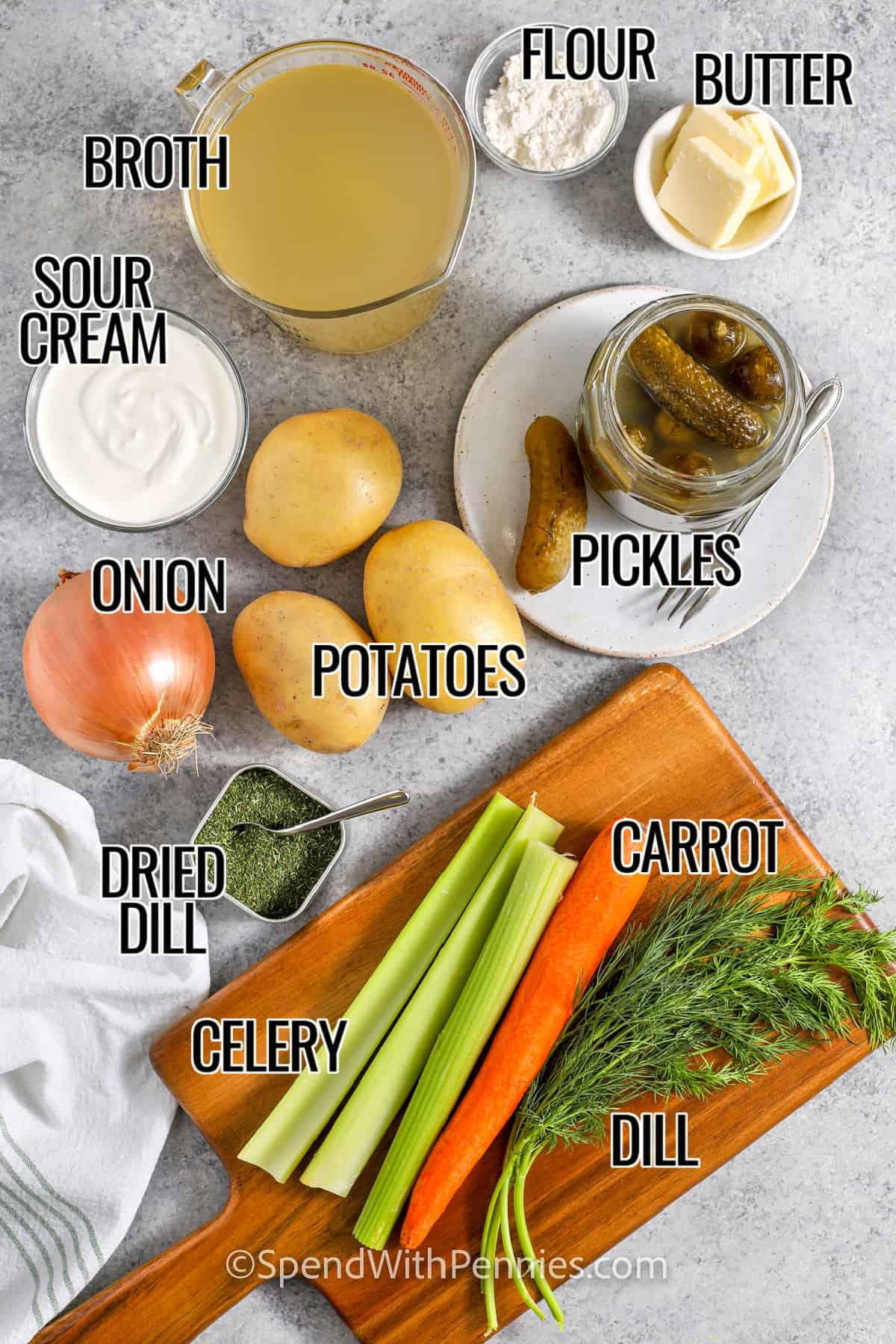 broth , flour , butter , sour cream , onion , potatoes , pickles , dried dill , celery , carrots , dill with labels to make Dill Pickle Soup