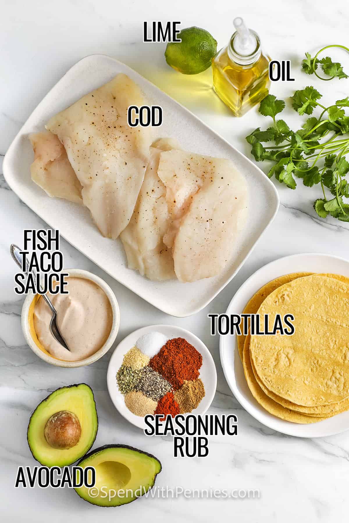 ingredients for fish tacos including lime, oil, fish, fish taco sauce, tortillas, seasoning rub, avocado