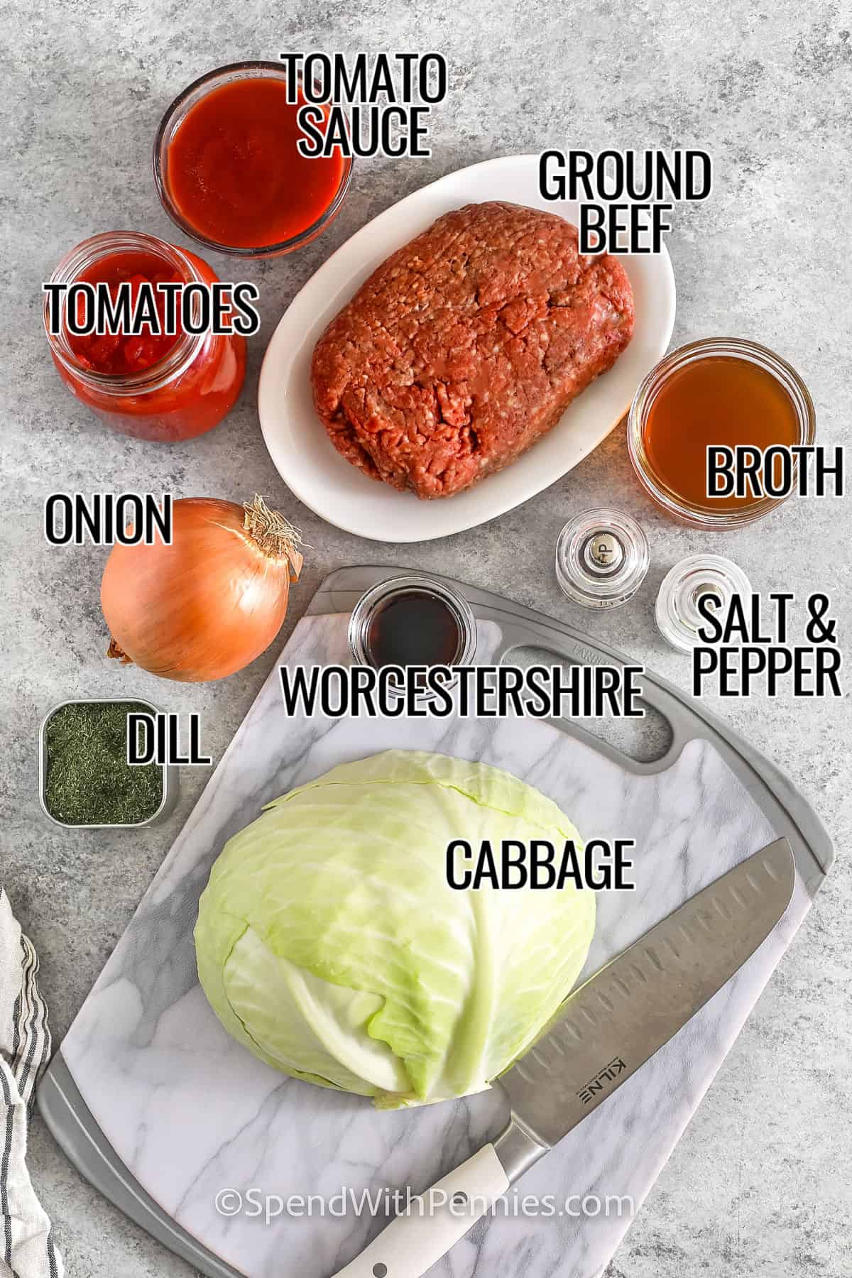 Ground beef and cabbage ingredients with labelled ingredients