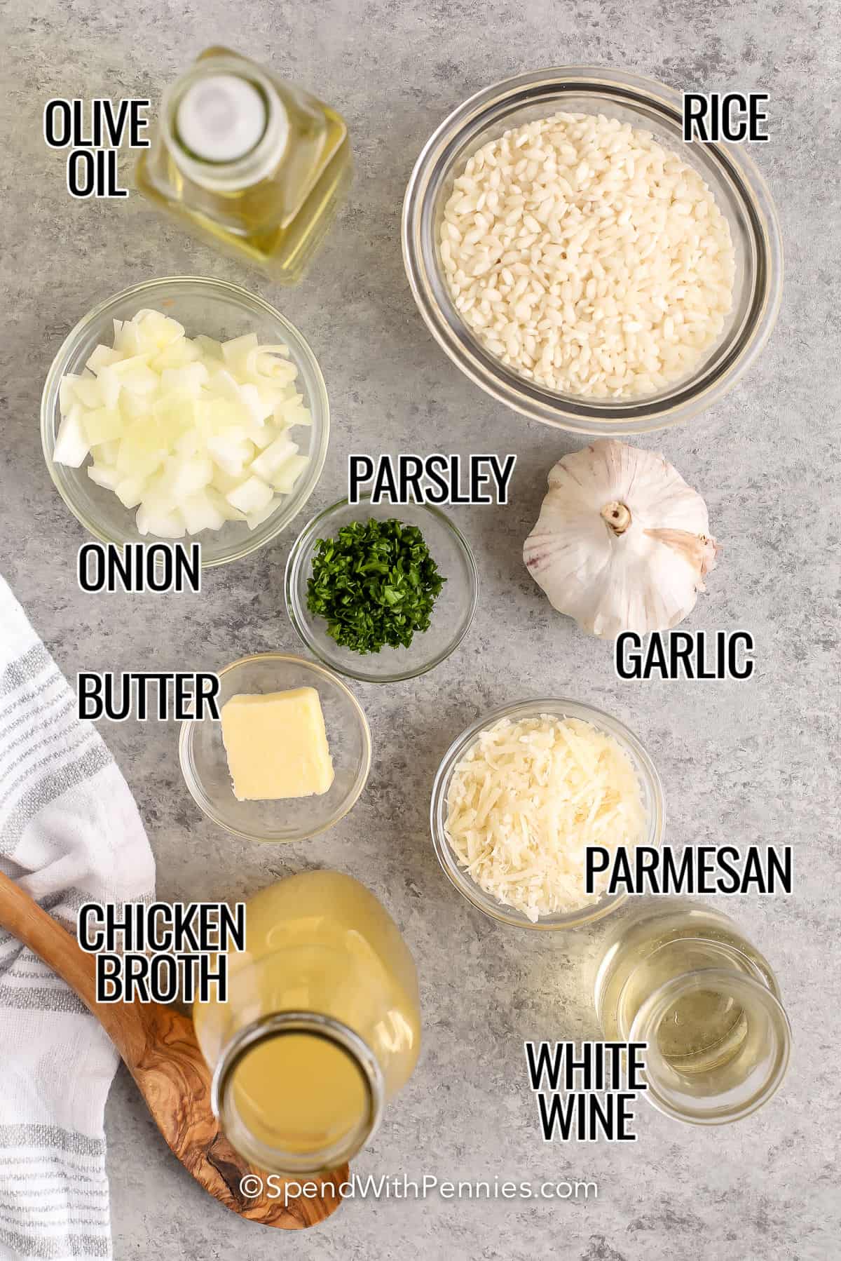 ingredients to make Parmesan Risotto with labels