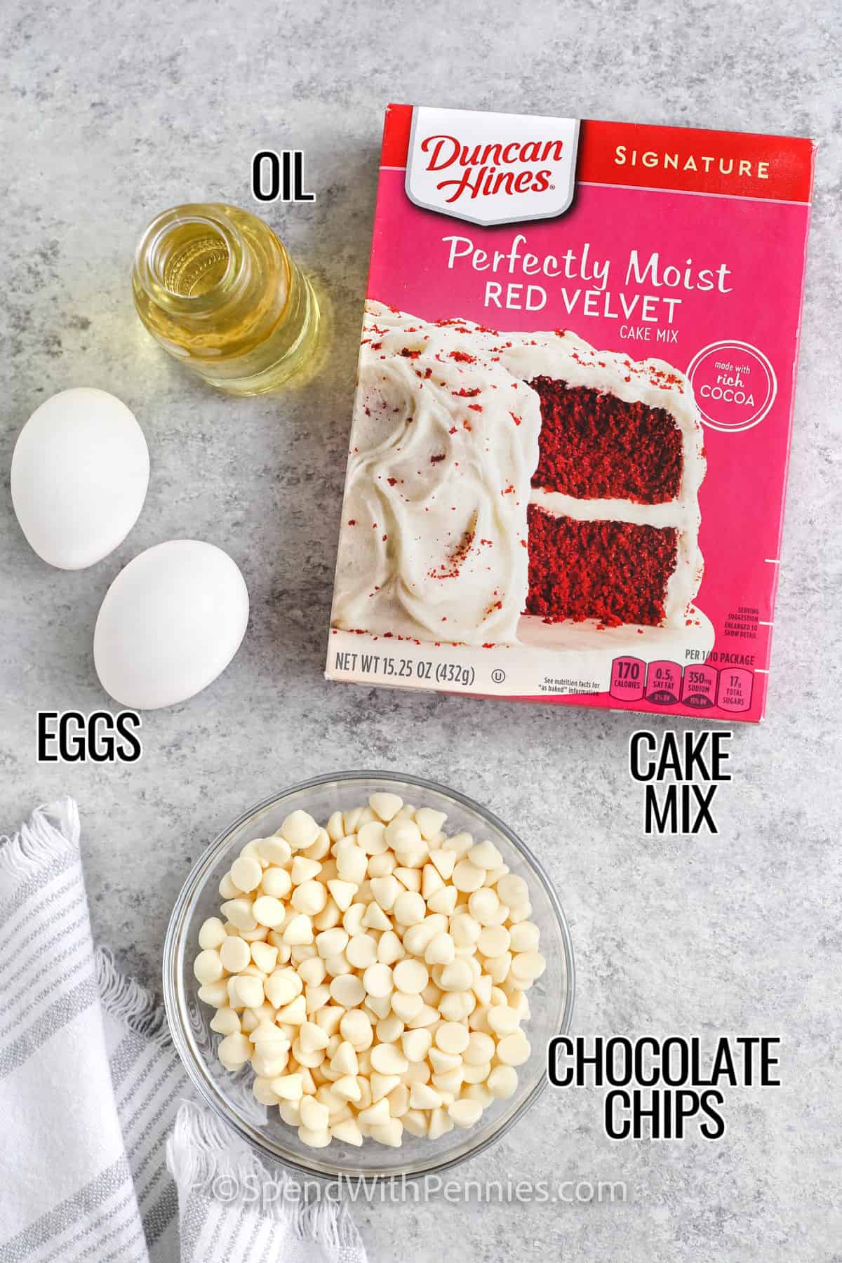 eggs , oil , cake mix , chocolate chips with labels to make Red Velvet Cake Mix Cookies