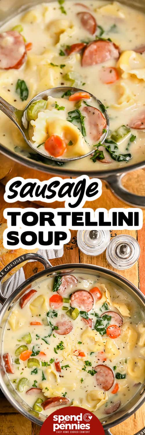 Creamy Tortellini Soup in the pot and close up with a title