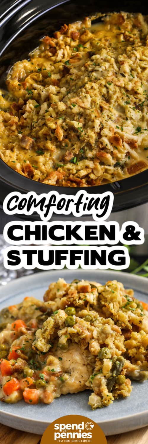 Crockpot Chicken and Stuffing in the pot and plated with writing