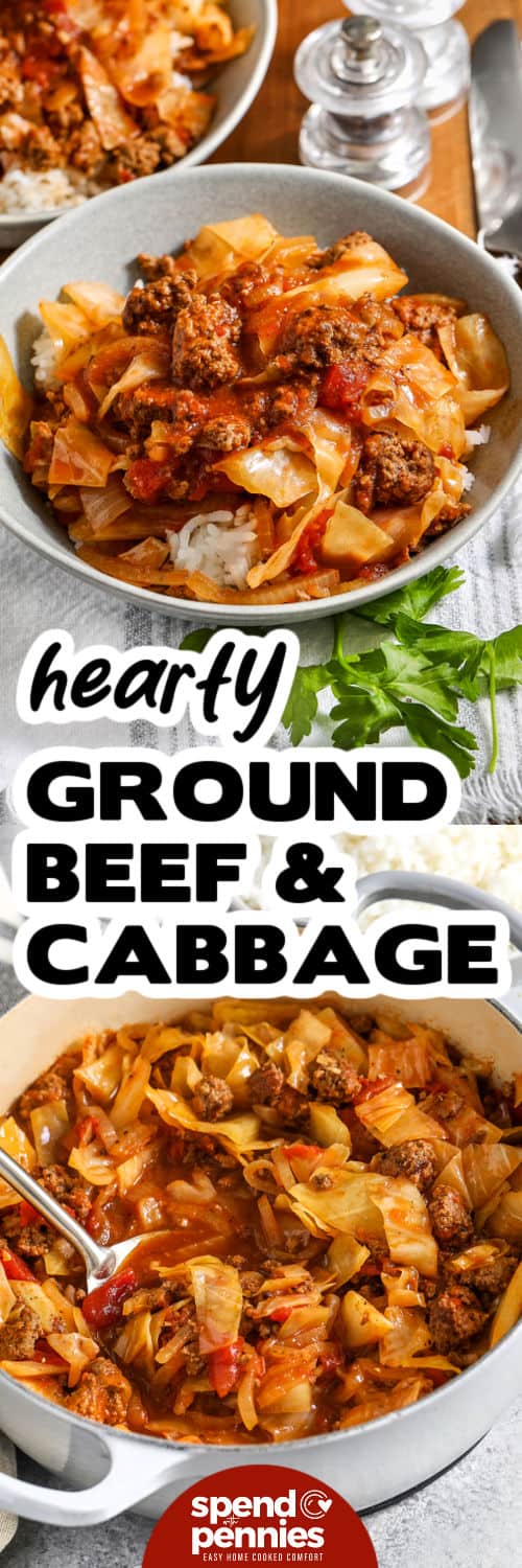 ground beef and cabbage in a bowl, ground beef and cabbage in a pot with writing