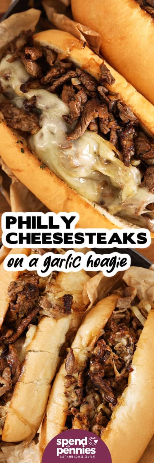 Philly Cheesesteaks on a plate and close up with melted cheese and a title