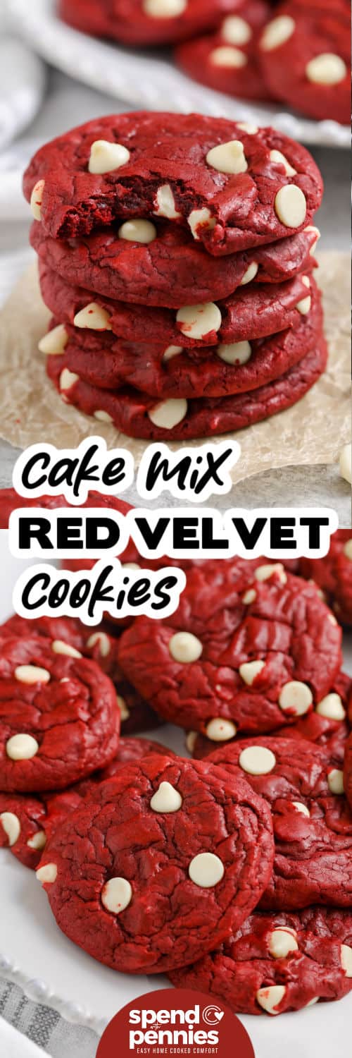 Red Velvet Cookies on a plate and in a stack with a title