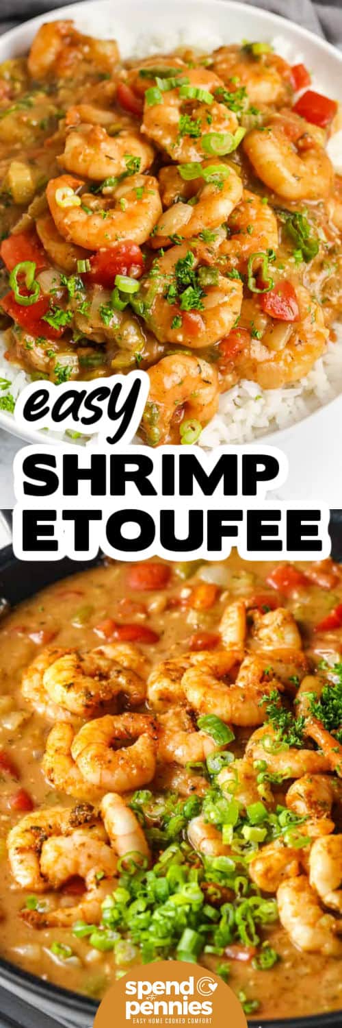 Easy shrimp etoufee on a plate and in a pan with writing.