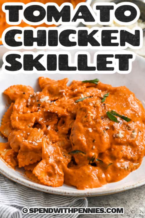 plate of Creamy Tomato Chicken Skillet with a title