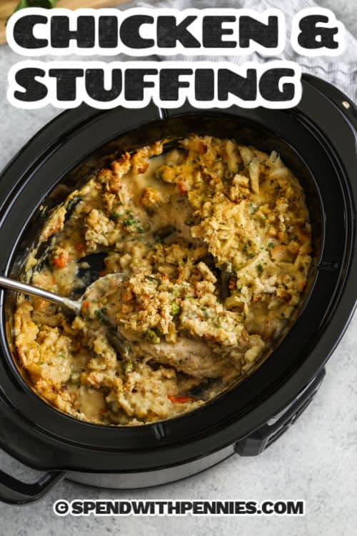 Crockpot Chicken and Stuffing in the pot with a title