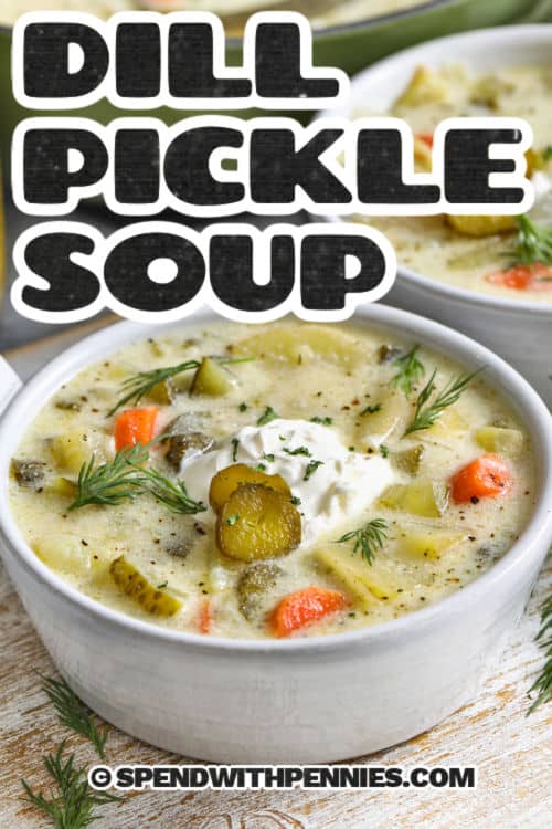 close up of Dill Pickle Soup in a bowl and a title