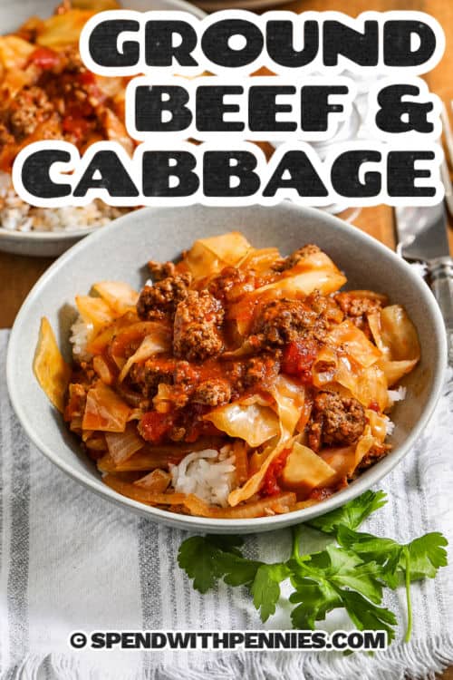 bowl of cooked ground beef and cabbage with writing