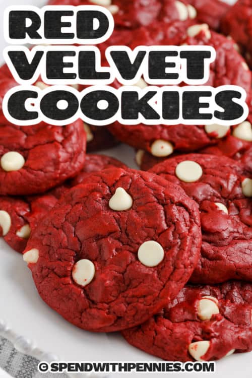 plated Red Velvet Cookies with a title