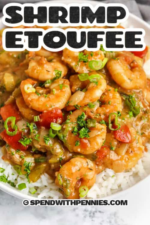 Shrimp etoufee on a plate, with writing