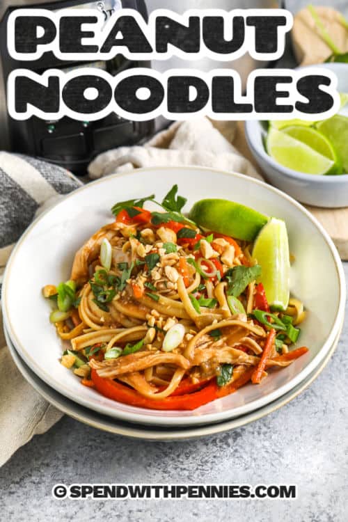 A bowl of peanut noodles, with a bowl of lime wedges, with writing.