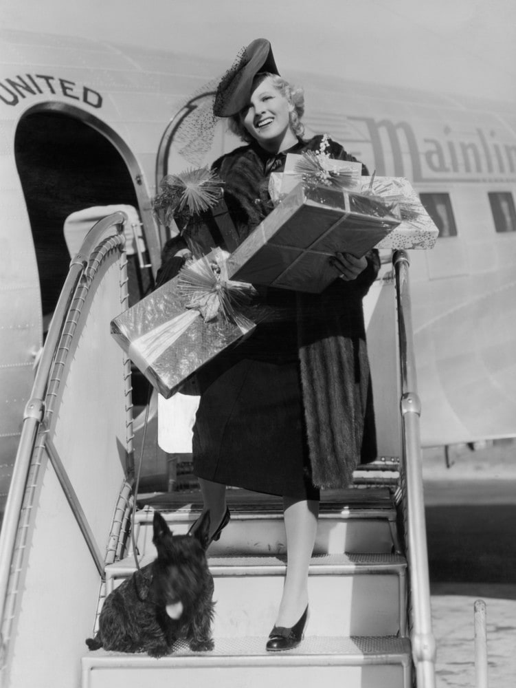 Woman with gifts climbing down airplane stairs with dog