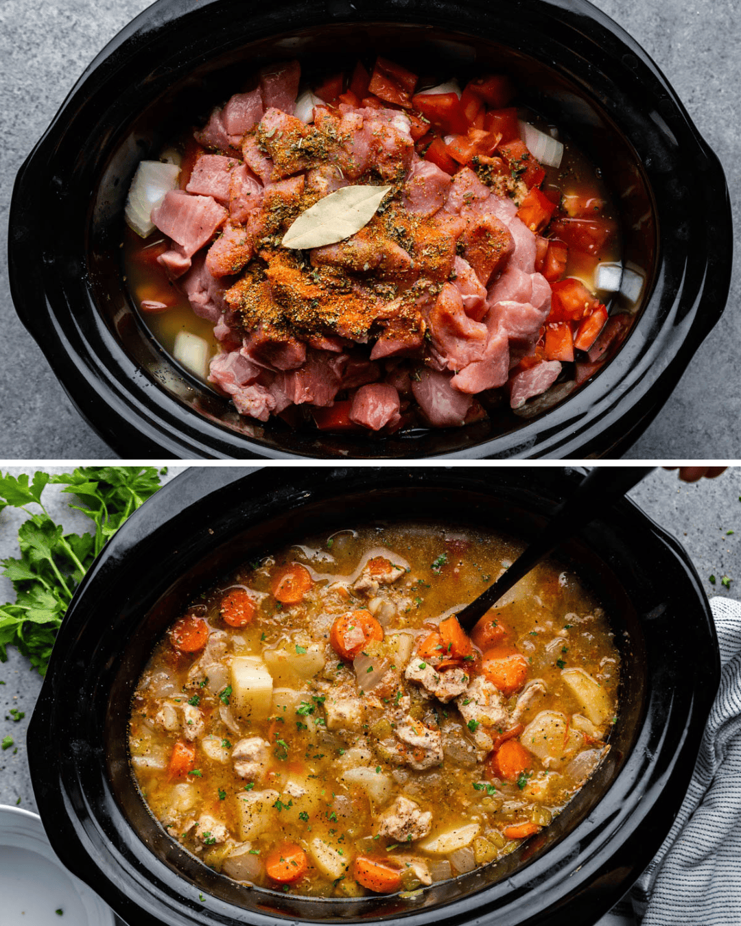 Collage of two shots of Green Chile Pork Stew in Slow Cooker.