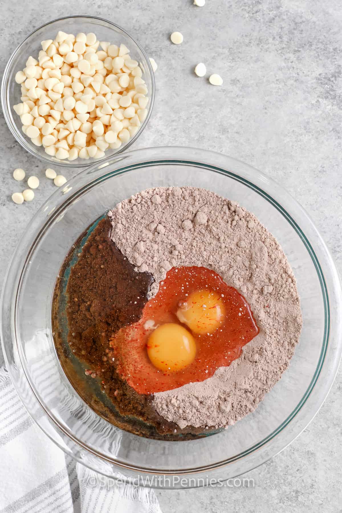 adding eggs and oil to cake mix to make Red Velvet Cake Mix Cookies