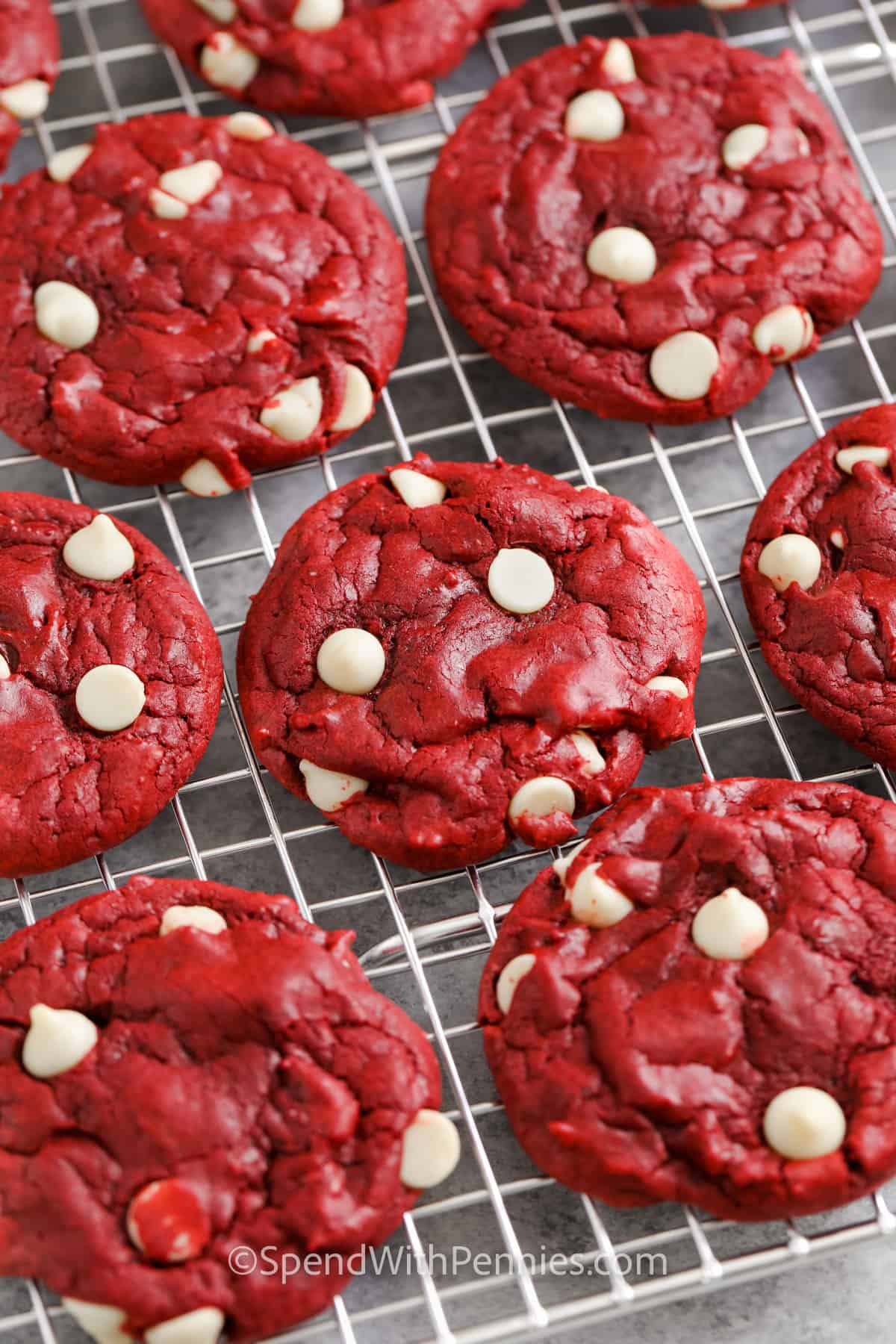 Red Velvet Cake Mix Cookies on a cooling rack