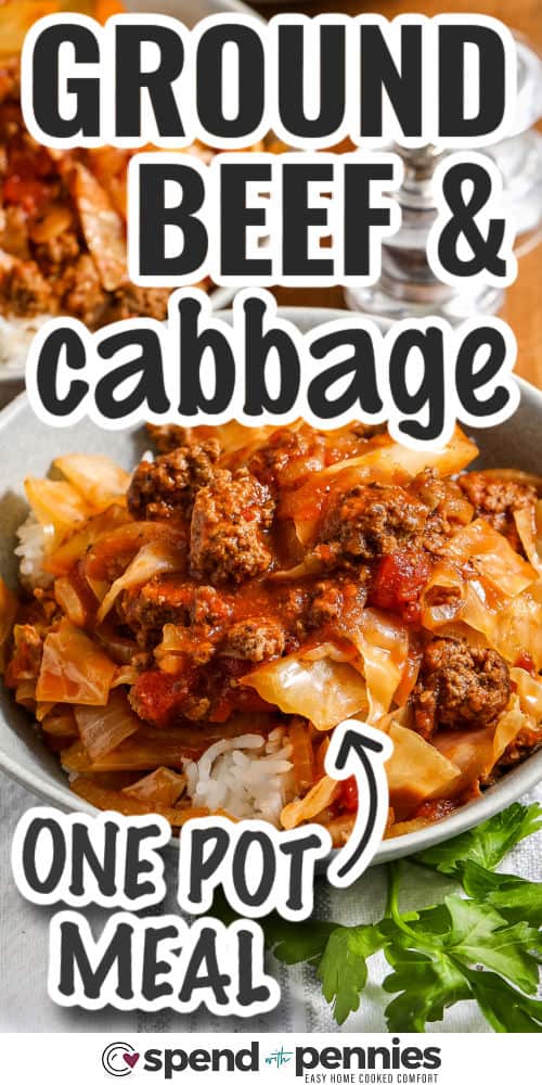 ground beef and cabbage in a serving bowl with writing