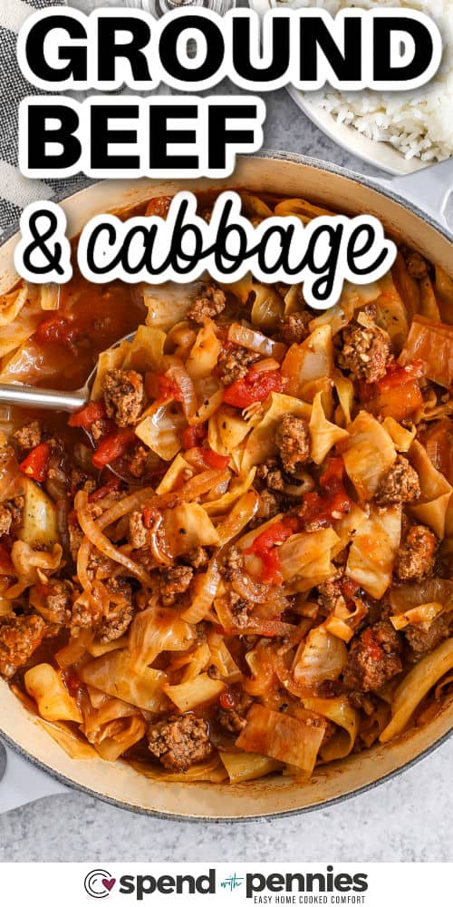 ground beef and cabbage in a pot with a spoon and writing