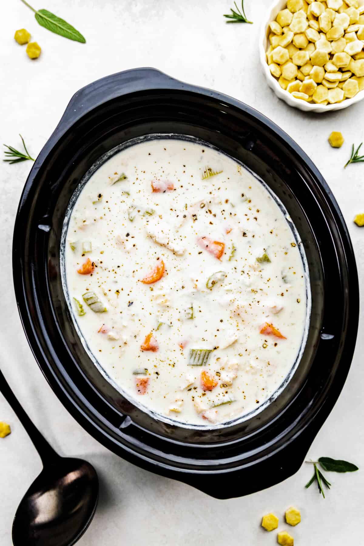 Overhead view of creamy chicken soup in a slow cooker.