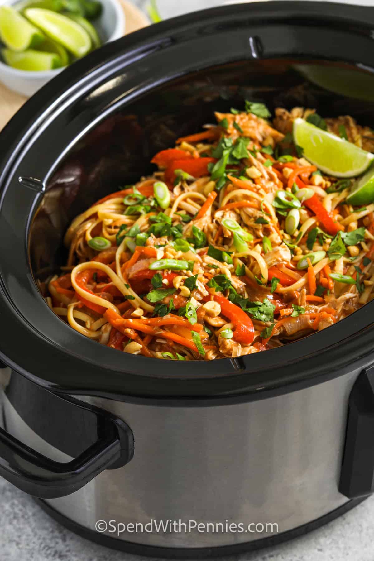 A slow cooker with finished peanut noodles.