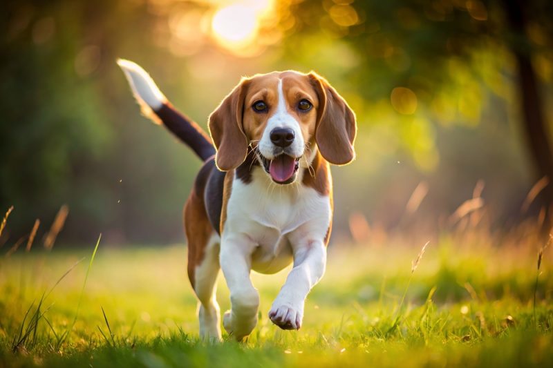 beagle dog trotting on the grass